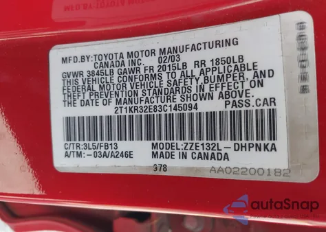 2003 Toyota Matrix Xr from USA, damaged, VIN 2T1KR32E83C145094